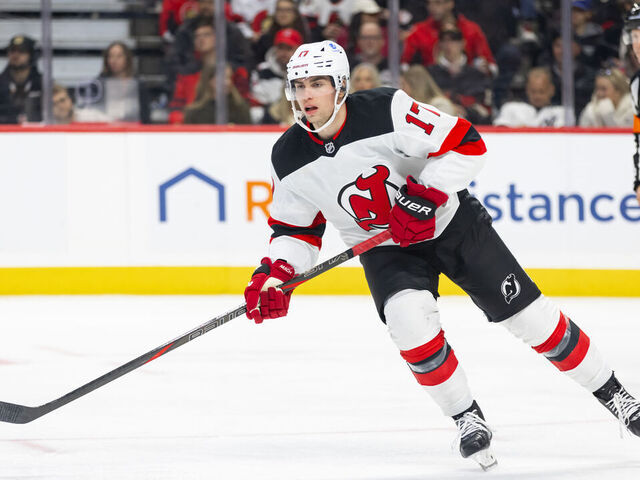 OTTAWA, ON - OCTOBER 17: New Jersey Devils Defenceman Simon Nemec (17) skates during third period National Hockey League action between the New Jersey Devils and Ottawa Senators on October 17, 2024, at Canadian Tire Centre in Ottawa, ON, Canada.