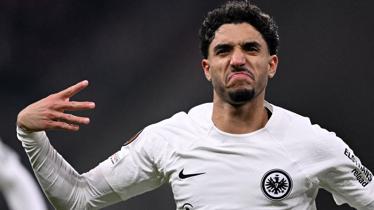 Frankfurt's Egyptian forward #07 Omar Marmoush celebrates scoring the 1-0 opening goal during the UEFA Europa League Group Matchday 4 football match between Eintracht Frankfurt and Slavia Prague in Frankfurt am Main, on November 7, 2024.