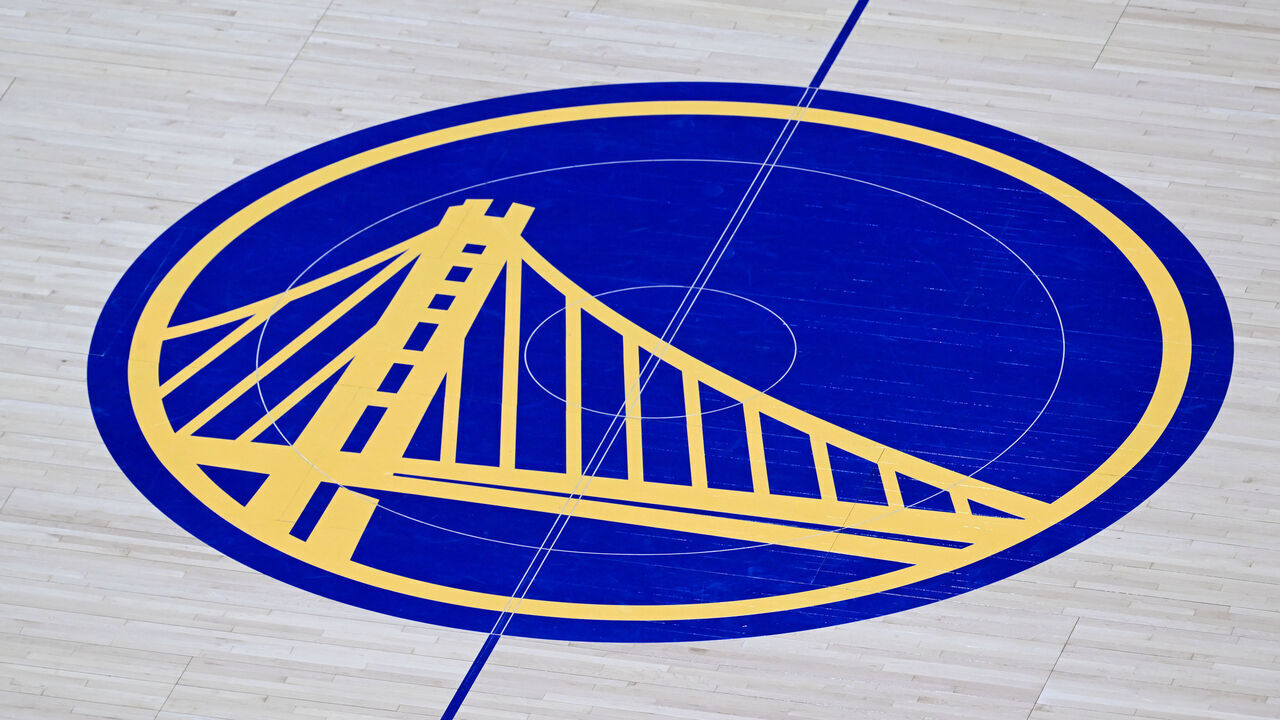 SAN FRANCISCO, CA - DECEMBER 5: A view of logo of Golden State Warriors on the floor during NBA game between Houston Rockets and Golden State Warriors at Chase Center on December 5, 2024 in San Francisco, California, United States.