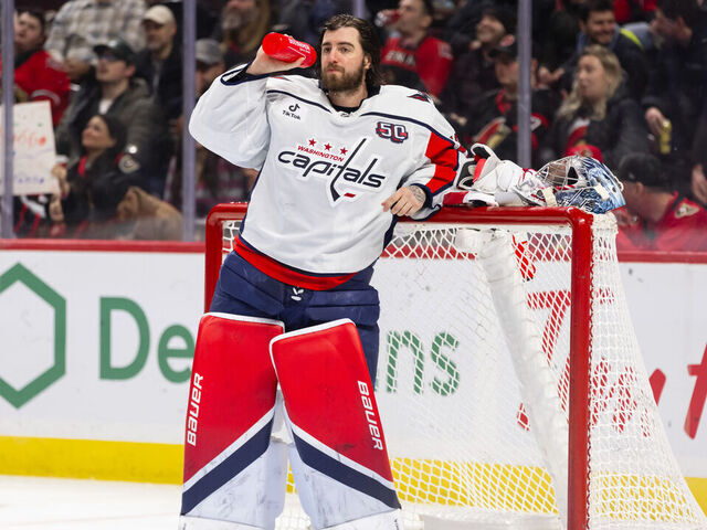 OTTAWA, ON - JANUARY 16: Washington Capitals Goalie Logan Thompson (48) takes a drink during third period National Hockey League action between the Washington Capitals and Ottawa Senators on January 16, 2025, at Canadian Tire Centre in Ottawa, ON, Canada.