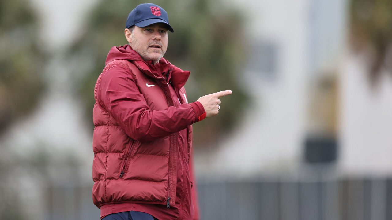 FORT LAUDERDALE, FLORIDA - JANUARY 17: Head coach of the United States Mauricio Pochettino gestures during a training session ahead of a friendly match against Venezuela at Chase Stadium on January 17, 2025 in Fort Lauderdale, Florida.