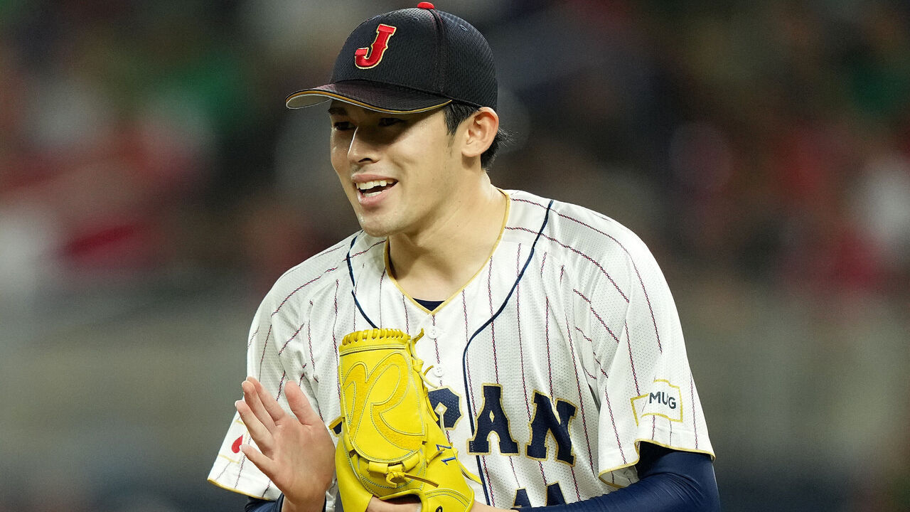 MIAMI, FLORIDA - MARCH 20: Roki Sasaki #14 of Team Japan reacts after an out in the third inning against Team Mexico during the World Baseball Classic Semifinals at loanDepot park on March 20, 2023 in Miami, Florida.