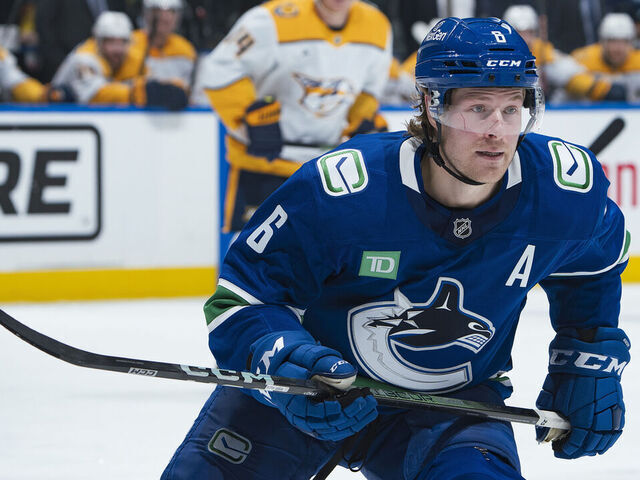 VANCOUVER, CANADA - JANUARY 3: Brock Boeser #6 of the Vancouver Canucks skates up ice during their NHL game against the Nashville Predators at Rogers Arena on January 3, 2025 in Vancouver, British Columbia, Canada.