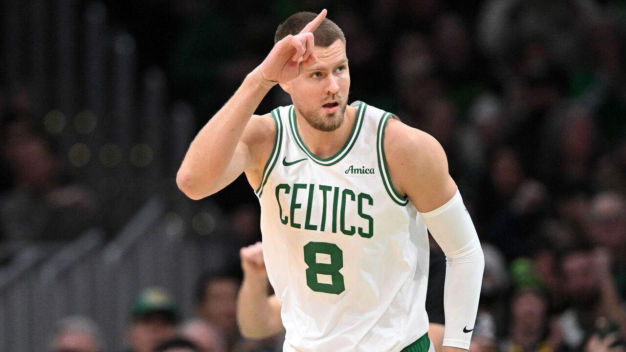 BOSTON, MASSACHUSETTS - JANUARY 17: Kristaps Porzingis #8 of the Boston Celtics reacts after scoring against the Orlando Magic during the first quarter at the TD Garden on January 17, 2025 in Boston, Massachusetts.