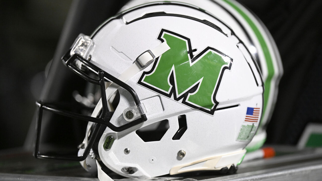 HUNTINGTON, WEST VIRGINIA - OCTOBER 29: The Marshall Thundering Herd logo on a football helmet during the game against the Coastal Carolina Chanticleers at Joan C. Edwards Stadium on October 29, 2022 in Huntington, West Virginia.
