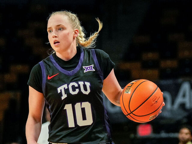 ORLANDO, FL - DECEMBER 21: TCU Horned Frogs guard Hailey Van Lith (10) dribbles ahead during a game between TCU Horned Frogs and the UCF Knights on December 21, 2024 at Addition Financial Arena in Orlando, Fl