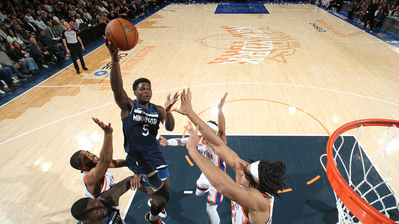 NEW YORK, NY - JANUARY 17: Anthony Edwards #5 of the Minnesota Timberwolves drives to the basket during the game against the New York Knicks on January 17, 2025 at Madison Square Garden in New York City, New York. Mandatory Copyright Notice: Copyright 2025 NBAE