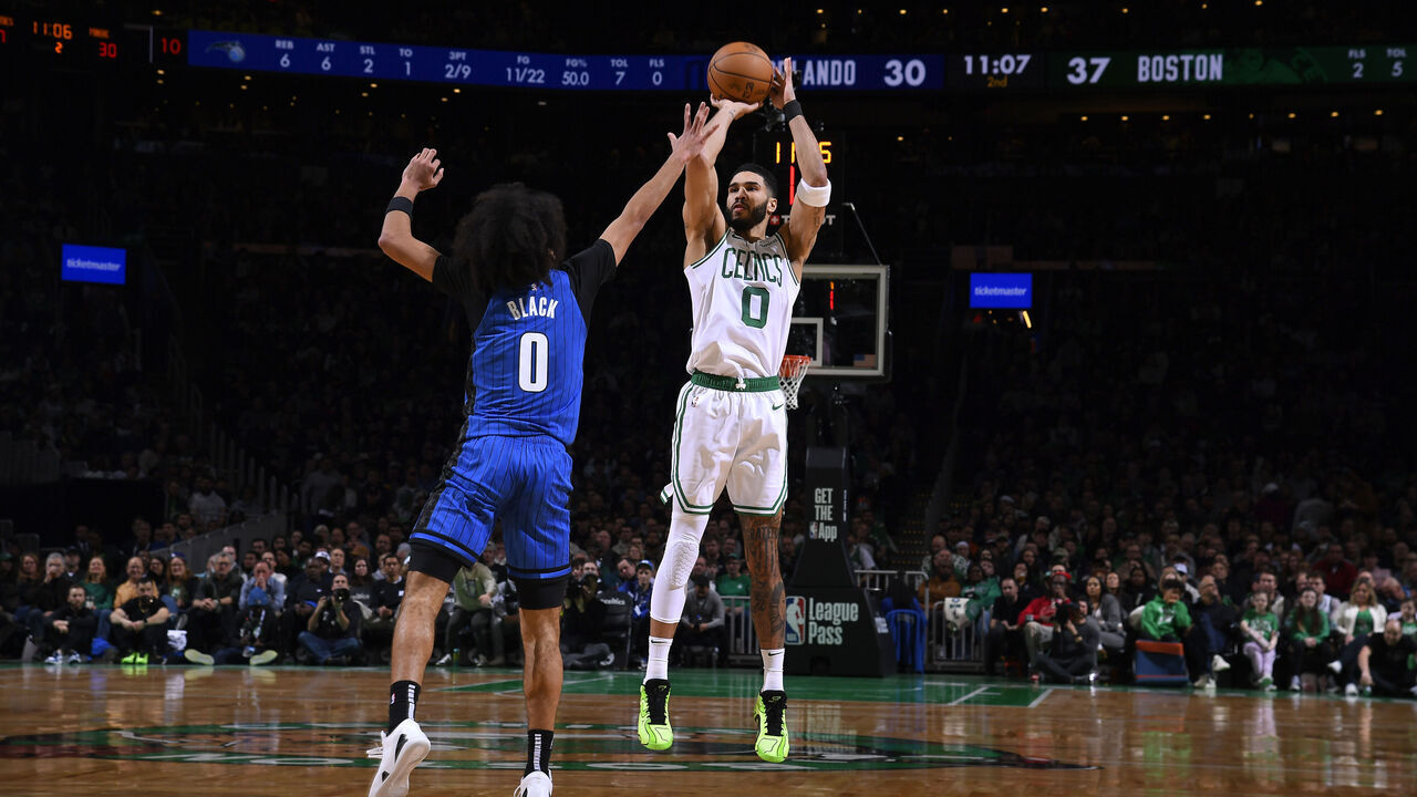 BOSTON, MA - JANUARY 17: Jayson Tatum #0 of the Boston Celtics shoots a three point basket during the game against the Orlando Magic on January 17, 2025 at TD Garden in Boston, Massachusetts. NOTE TO USER: User expressly acknowledges and agrees that, by downloading and/or using this Photograph, user is consenting to the terms and conditions of the Getty Images License Agreement. Mandatory Copyright Notice: Copyright 2025 NBAE