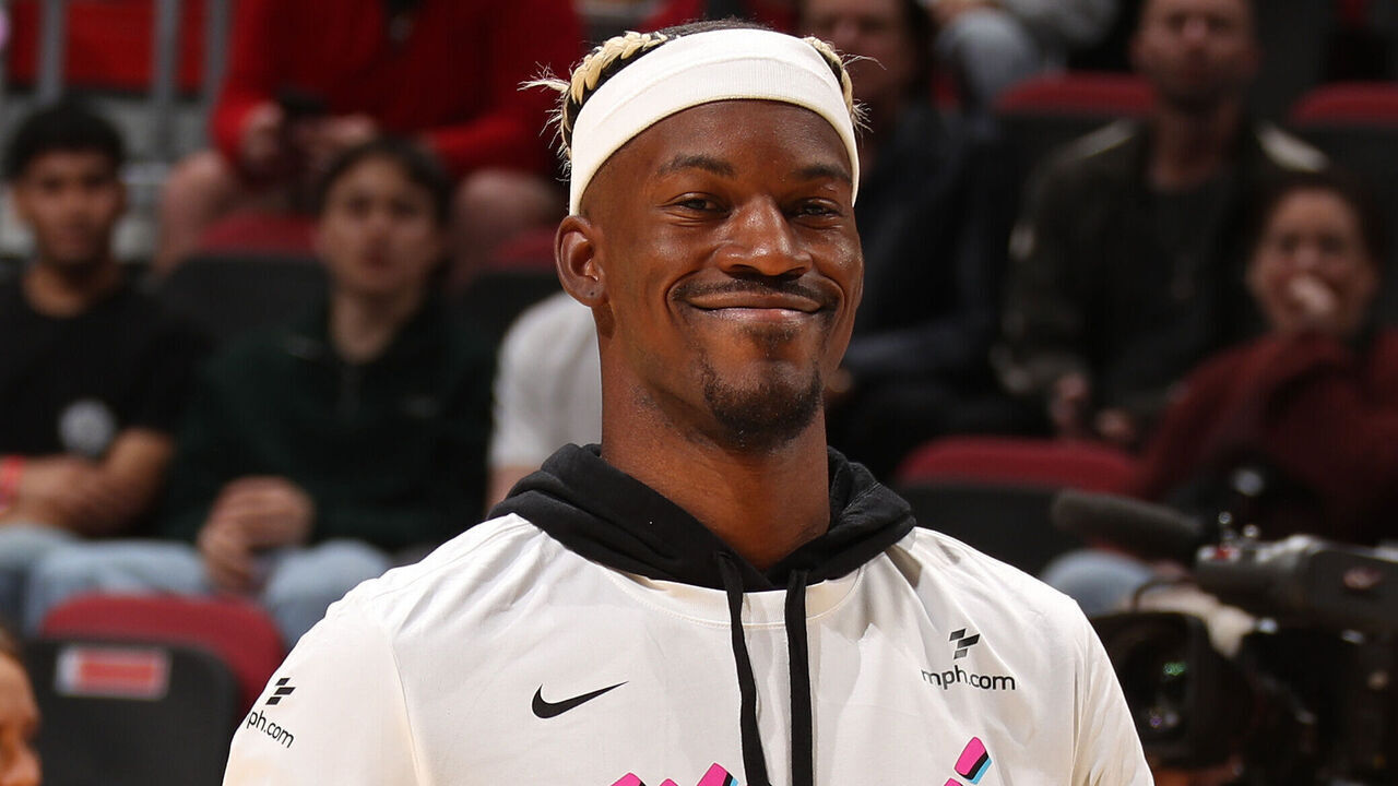 MIAMI, FL - JANUARY 17: Jimmy Butler #22 of the Miami Heat smiles before the game against the Denver Nuggets on January 17, 2025 at Kaseya Center in Miami, Florida. Mandatory Copyright Notice: Copyright 2025 NBAE