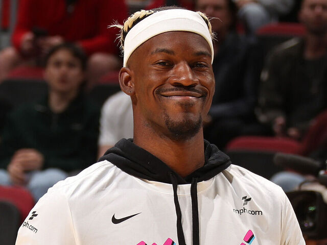 MIAMI, FL - JANUARY 17: Jimmy Butler #22 of the Miami Heat smiles before the game against the Denver Nuggets on January 17, 2025 at Kaseya Center in Miami, Florida. Mandatory Copyright Notice: Copyright 2025 NBAE