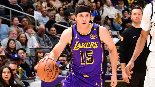 LOS ANGELES, CA - JANUARY 17: Austin Reaves #15 of the Los Angeles Lakers dribbles the ball during the game against the Brooklyn Nets on January 17, 2025 at Crypto.Com Arena in Los Angeles, California. NOTE TO USER: User expressly acknowledges and agrees that, by downloading and/or using this Photograph, user is consenting to the terms and conditions of the Getty Images License Agreement. Mandatory Copyright Notice: Copyright 2025 NBAE