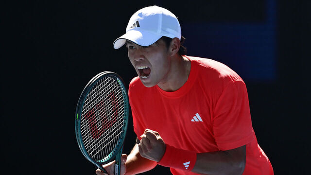 MELBOURNE, AUSTRALIA - JANUARY 18: Learner Tien of the United States celebrates a point against Corentin Moutet of France in the Men's Singles Third Round match during day seven of the 2025 Australian Open at Melbourne Park on January 18, 2025 in Melbourne, Australia.