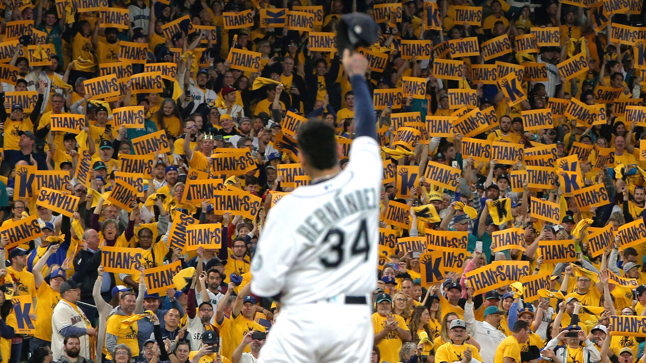 Seattle Mariners pitcher Felix Hernandez waves to the King's Court as he takes the mound for what is likely his final start in their game against the Oakland Athletics, Thursday, Sept. 26, 2019. (Genna Martin, Seattlepi.com)