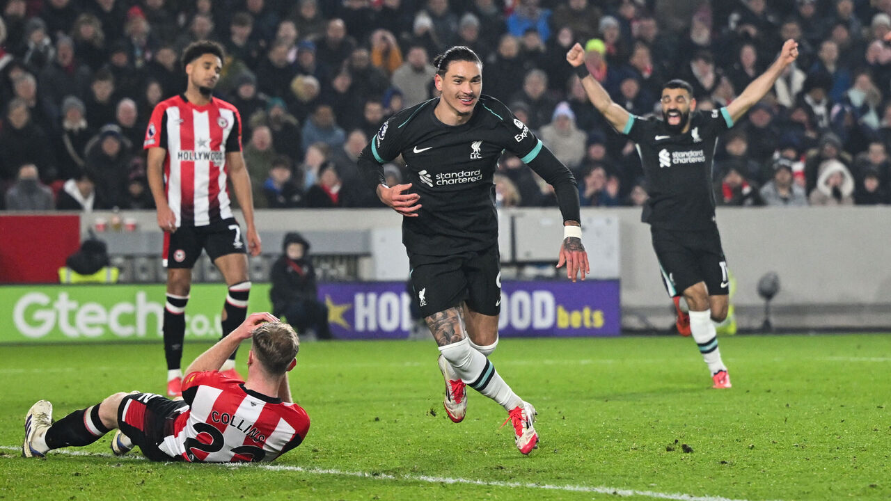 Liverpool's Uruguayan striker #09 Darwin Nunez celebrates after scoring his team first goal during the English Premier League football match between Brentford and Liverpool at the Gtech Community Stadium in London on January 18, 2025.