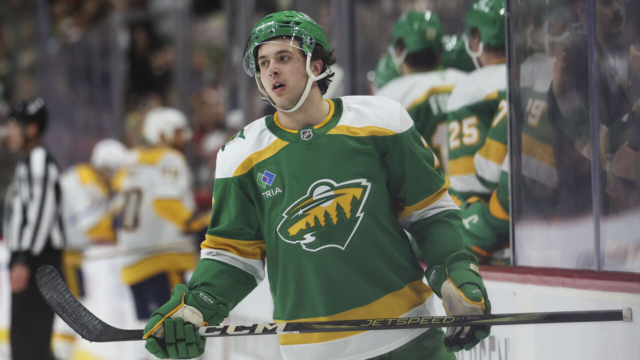 ST PAUL, MINNESOTA - DECEMBER 31: Brock Faber #7 of the Minnesota Wild skates near the bench after his team scored a goal in the third period of a game against the Nashville Predators at Xcel Energy Center on December 15, 2024 in St Paul, Minnesota.