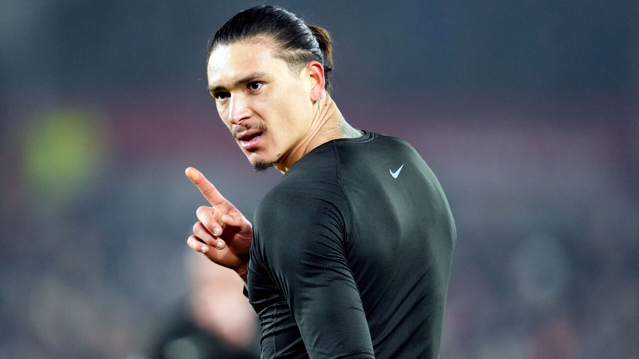 Liverpool's Darwin Nunez celebrates scoring the opening goal during the Premier League match at the Gtech Community Stadium, Brentford. Picture date: Saturday January 18, 2025.