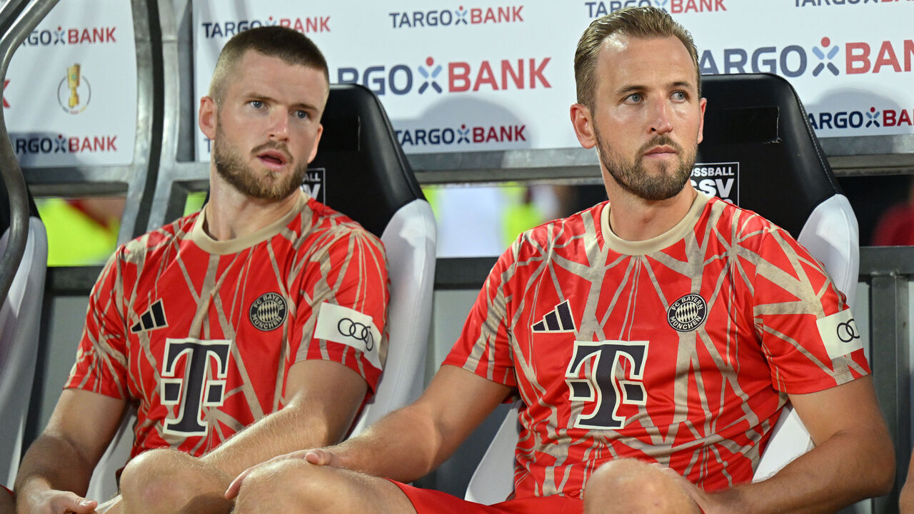 ULM, GERMANY - AUGUST 16: Eric Dier and Harry Kane of FC Bayern Muenchen look on from the bench during the DFB-Pokal match between SSV Ulm 1846 and FC Bayern München at Donaustadion on August 16, 2024 in Ulm, Germany.