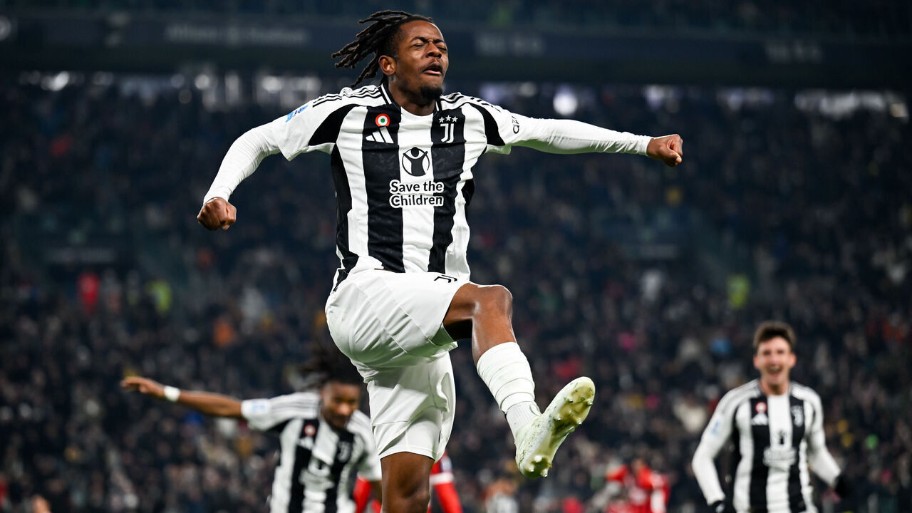 TURIN, ITALY - JANUARY 18: Samuel Mbangula of Juventus celebrates after scoring his team's first goal during the Serie A match between Juventus and AC Milan at Allianz Stadium on January 18, 2025 in Turin, Italy.