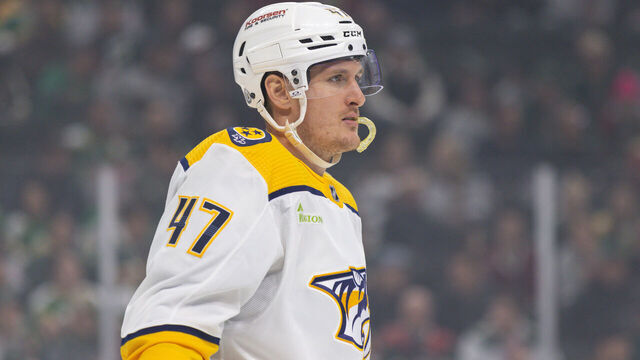 SAINT PAUL, MN - JANUARY 25: Nashville Predators right wing Michael McCarron (47) looks on during the NHL game between Nashville Predators and Minnesota Wild on January 25th, 2024, at the Xcel Energy Center in Saint Paul, MN.