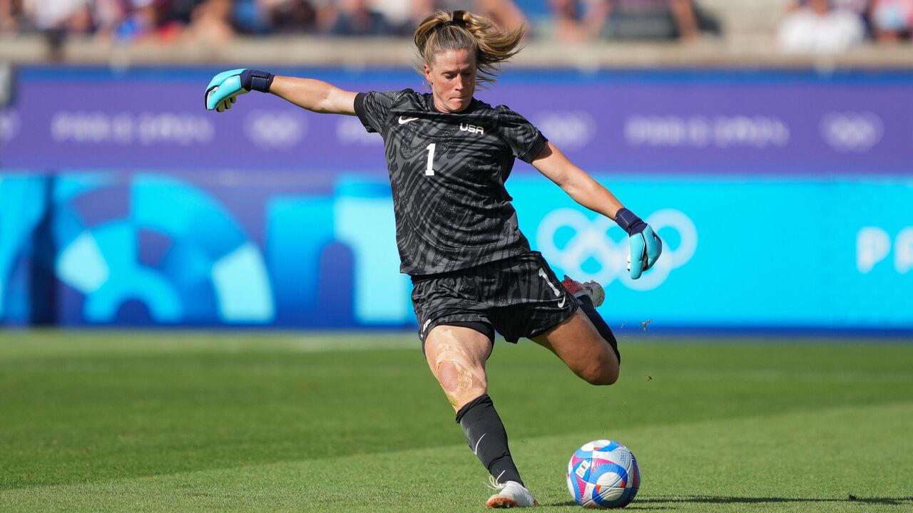 PARIS, FRANCE - AUGUST 10: Alyssa Naeher #1 of the United States kicks a ball during the Women's Gold Medal match during the Olympic Games Paris 2024 at Parc des Princes on August 10, 2024 in Paris, France.