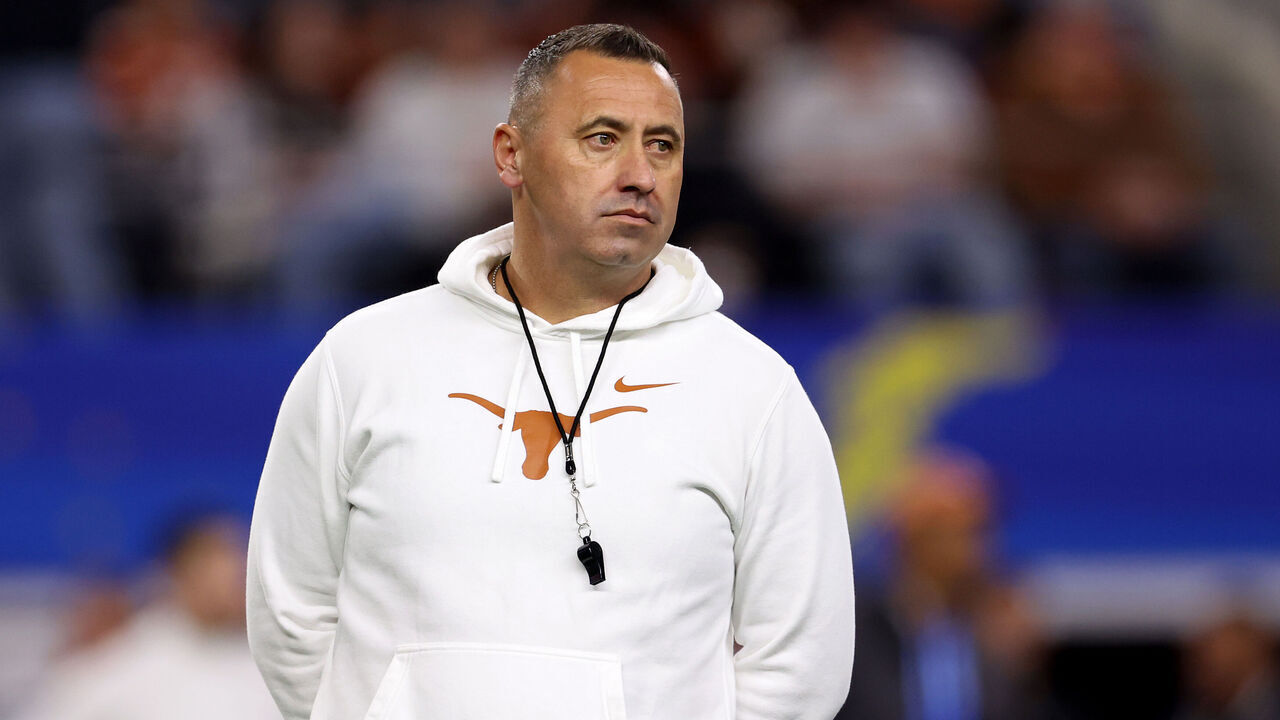 ARLINGTON, TEXAS - JANUARY 10: Head coach Steve Sarkisian of the Texas Longhorns looks on before the Goodyear Cotton Bowl against the Ohio State Buckeyes at AT&T Stadium on January 10, 2025 in Arlington, Texas.