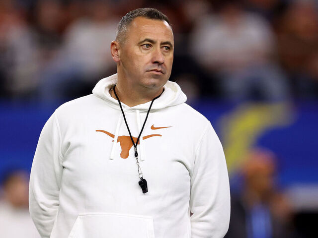 ARLINGTON, TEXAS - JANUARY 10: Head coach Steve Sarkisian of the Texas Longhorns looks on before the Goodyear Cotton Bowl against the Ohio State Buckeyes at AT&T Stadium on January 10, 2025 in Arlington, Texas.