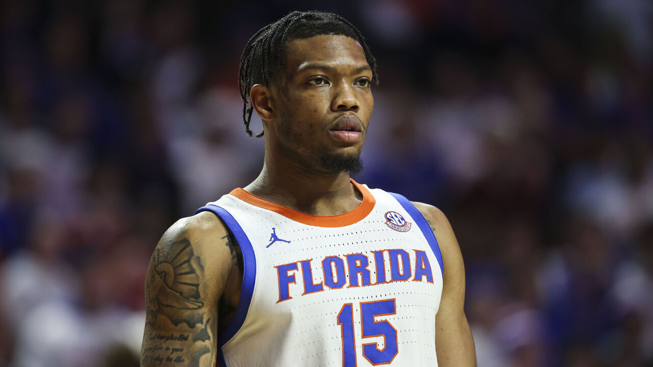 GAINESVILLE, FLORIDA - JANUARY 14: Alijah Martin #15 of the Florida Gators looks on during the first half of a game against the Missouri Tigers at the Stephen C. O'Connell Center on January 14, 2025 in Gainesville, Florida.