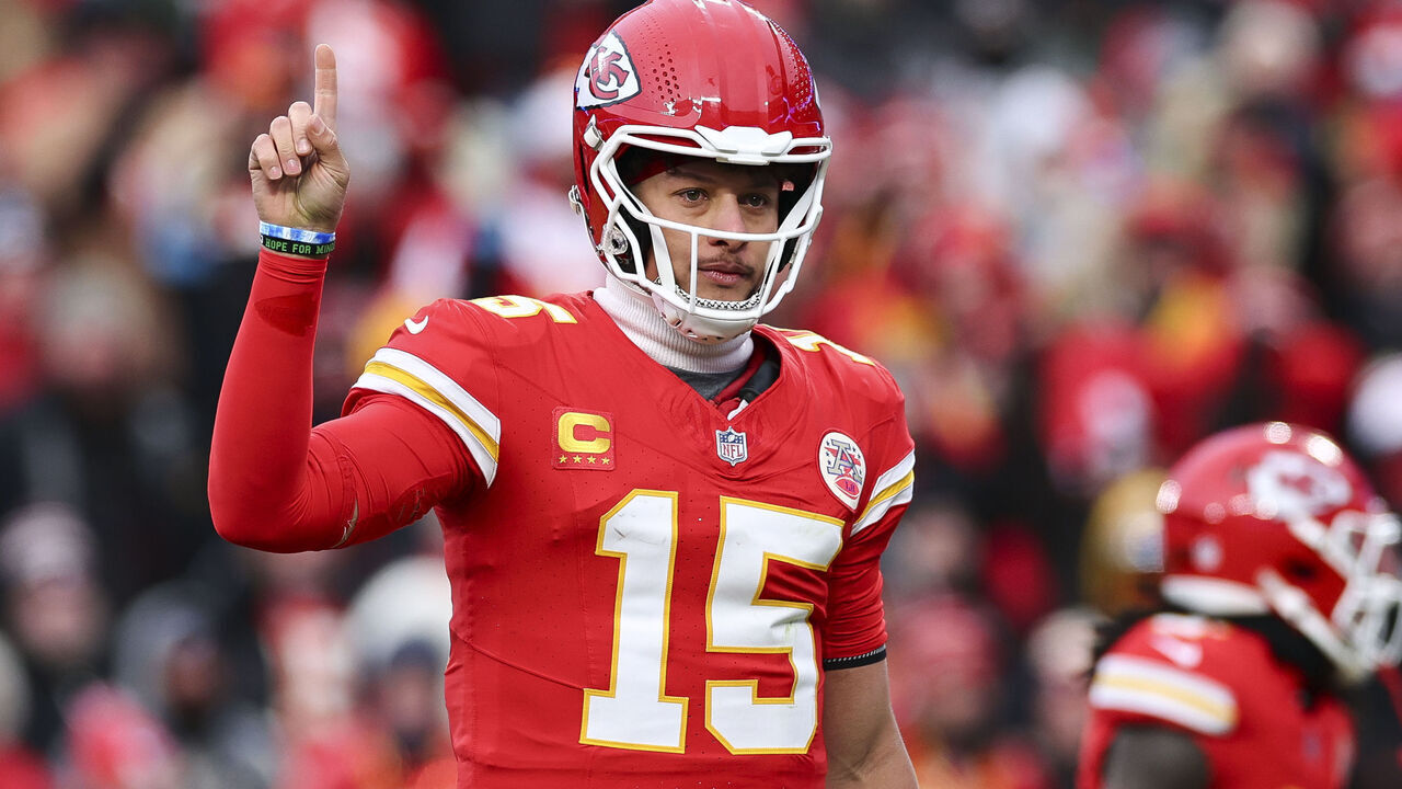 KANSAS CITY, MISSOURI - JANUARY 18: Patrick Mahomes #15 of the Kansas City Chiefs celebrates during the first half of the AFC Divisional playoff game against the Houston Texans at GEHA Field at Arrowhead Stadium on January 18, 2025 in Kansas City, Missouri.
