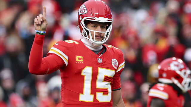 KANSAS CITY, MISSOURI - JANUARY 18: Patrick Mahomes #15 of the Kansas City Chiefs celebrates during the first half of the AFC Divisional playoff game against the Houston Texans at GEHA Field at Arrowhead Stadium on January 18, 2025 in Kansas City, Missouri.
