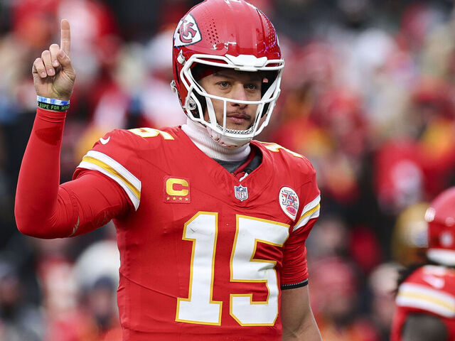KANSAS CITY, MISSOURI - JANUARY 18: Patrick Mahomes #15 of the Kansas City Chiefs celebrates during the first half of the AFC Divisional playoff game against the Houston Texans at GEHA Field at Arrowhead Stadium on January 18, 2025 in Kansas City, Missouri.