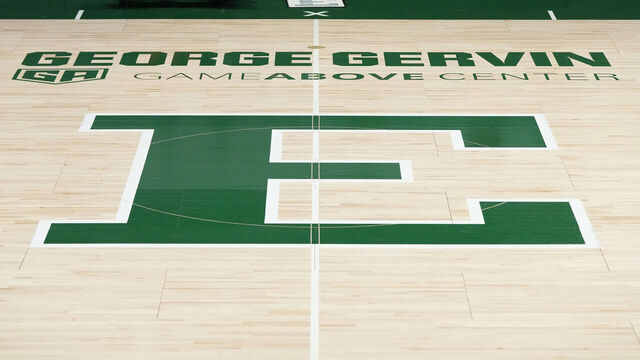 YPSILANTI, MI - DECEMBER 18: The Eastern Michigan Eagles logo on the floor before a college basketball game against the Detroit Mercy Titans at the George Gervin GameAbove Center on December 18, 2022 in Ypsilanti, Michigan.