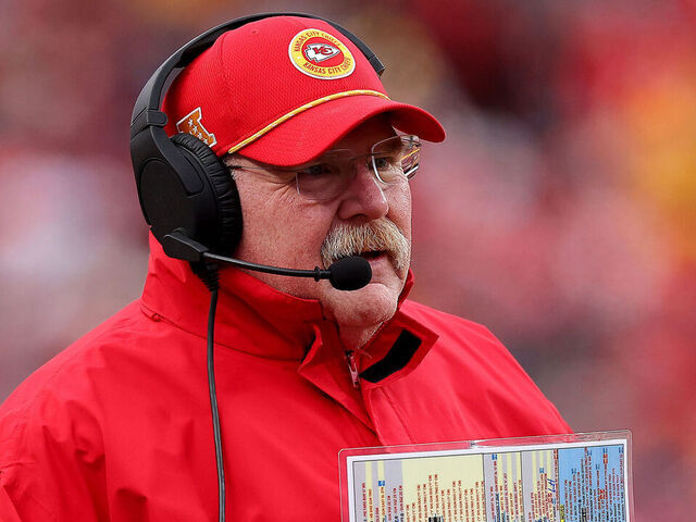 KANSAS CITY, MISSOURI - JANUARY 18: Head coach Andy Reid of the Kansas City Chiefs looks on against the Houston Texans during the first quarter in the AFC Divisional Playoff at GEHA Field at Arrowhead Stadium on January 18, 2025 in Kansas City, Missouri.