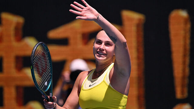 Belarus' Aryna Sabalenka waves as she celebrates beating Russia's Mirra Andreeva in their women's singles match on day eight of the Australian Open tennis tournament in Melbourne on January 19, 2025.