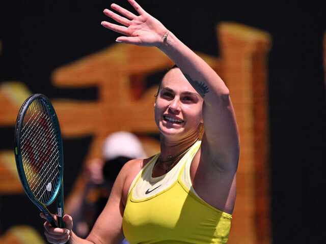 Belarus' Aryna Sabalenka waves as she celebrates beating Russia's Mirra Andreeva in their women's singles match on day eight of the Australian Open tennis tournament in Melbourne on January 19, 2025.