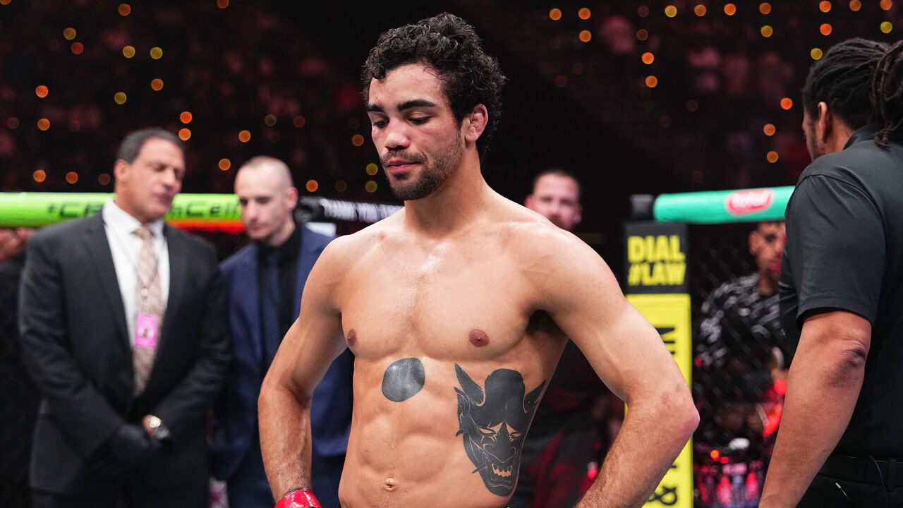 INGLEWOOD, CALIFORNIA - JANUARY 18: Payton Talbott reacts after suffering his first career defeat against Raoni Barcelos of Brazil in a bantamweight fight during the UFC 311 event at Intuit Dome on January 18, 2025 in Inglewood, California.
