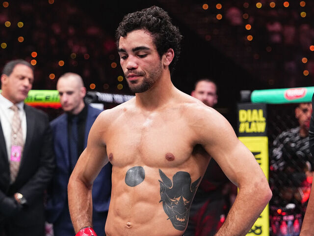 INGLEWOOD, CALIFORNIA - JANUARY 18: Payton Talbott reacts after suffering his first career defeat against Raoni Barcelos of Brazil in a bantamweight fight during the UFC 311 event at Intuit Dome on January 18, 2025 in Inglewood, California.