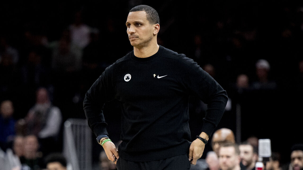 BOSTON, MASSACHUSETTS - JANUARY 18: Head Coach Joe Mazzulla of the Boston Celtics looks on during the second half against the Atlanta Hawks at TD Garden on January 18, 2025 in Boston, Massachusetts.