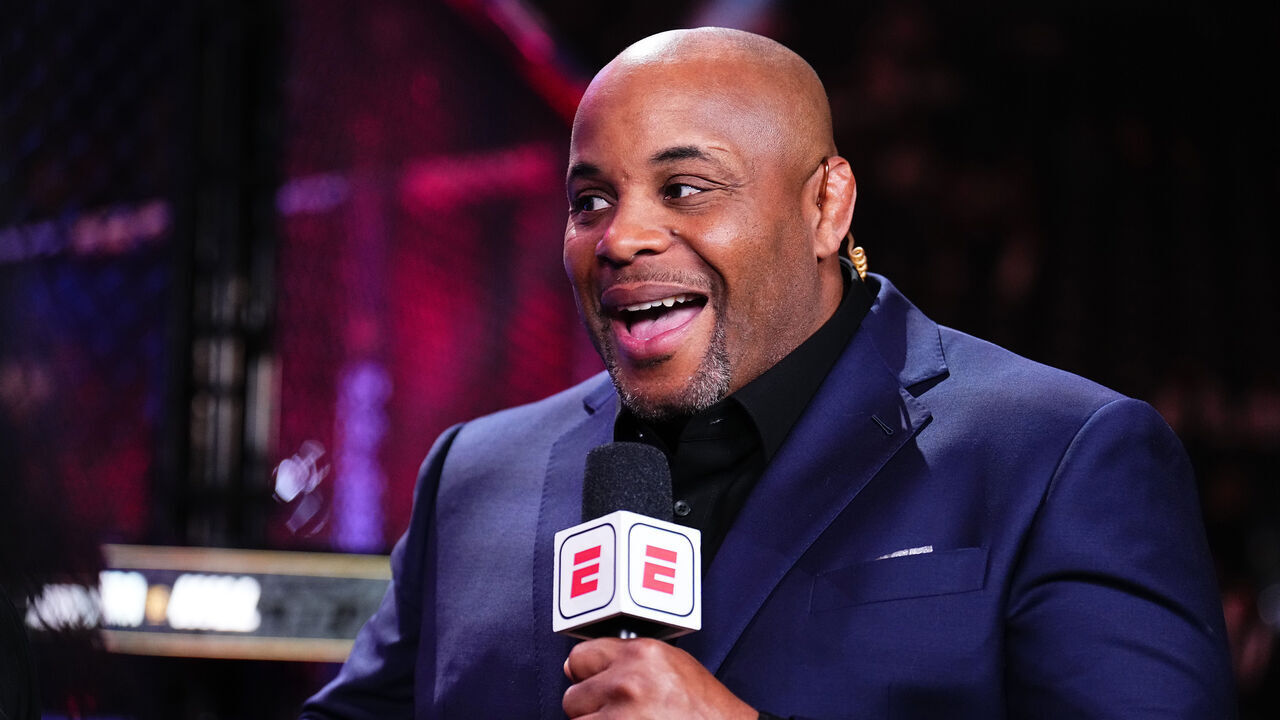 LAS VEGAS, NEVADA - APRIL 13: Daniel Cormier announces the fights during the UFC 300 event at T-Mobile Arena on April 13, 2024 in Las Vegas, Nevada.