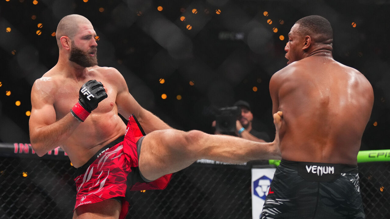 INGLEWOOD, CALIFORNIA - JANUARY 18: (L-R) Jiri Prochazka of the Czech Republic kicks Jamahal Hill in a light heavyweight fight during the UFC 311 event at Intuit Dome on January 18, 2025 in Inglewood, California.
