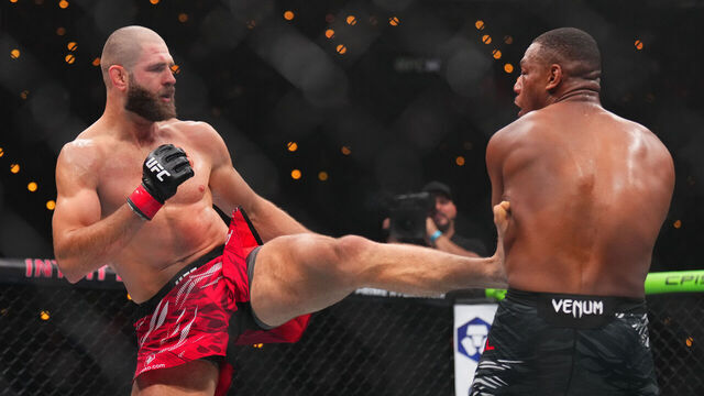 INGLEWOOD, CALIFORNIA - JANUARY 18: (L-R) Jiri Prochazka of the Czech Republic kicks Jamahal Hill in a light heavyweight fight during the UFC 311 event at Intuit Dome on January 18, 2025 in Inglewood, California.