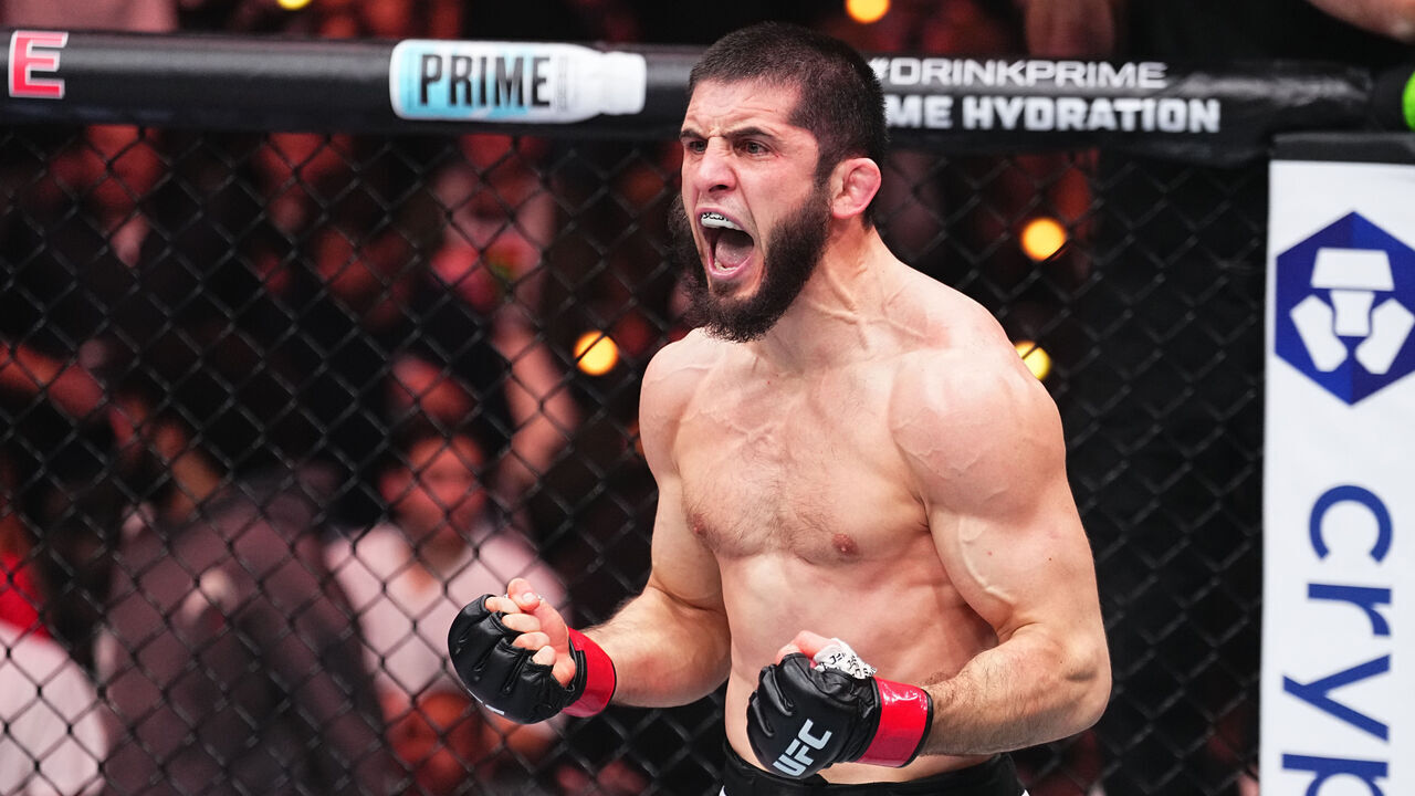 INGLEWOOD, CALIFORNIA - JANUARY 18: Islam Makhachev of Russia reacts after a submission victory against Renato Moicano of Brazil in the UFC lightweight championship fight during the UFC 311 event at Intuit Dome on January 18, 2025 in Inglewood, California.