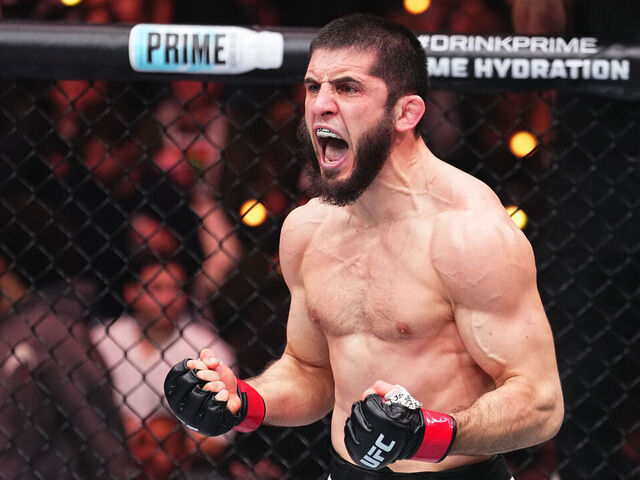 INGLEWOOD, CALIFORNIA - JANUARY 18: Islam Makhachev of Russia reacts after a submission victory against Renato Moicano of Brazil in the UFC lightweight championship fight during the UFC 311 event at Intuit Dome on January 18, 2025 in Inglewood, California.