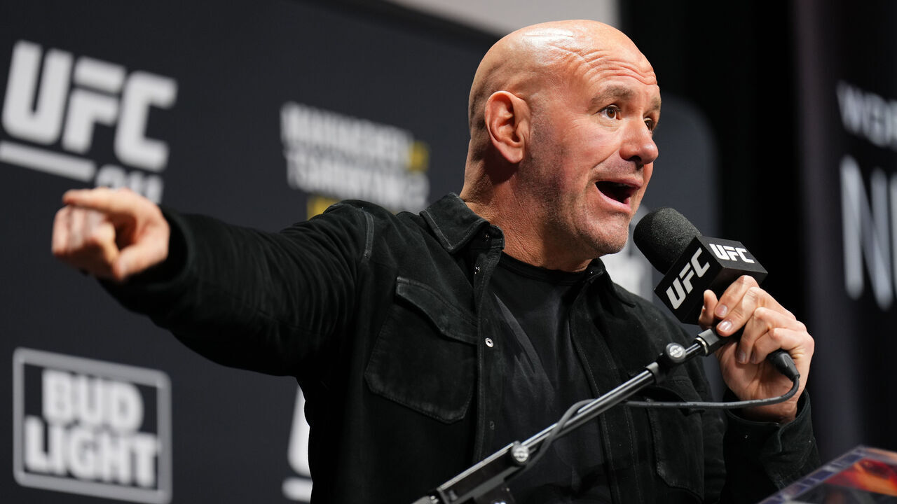 INGLEWOOD, CALIFORNIA - JANUARY 16: UFC CEO Dana White is seen on stage during the UFC 311 press conference at Intuit Dome on January 16, 2025 in Inglewood, California.