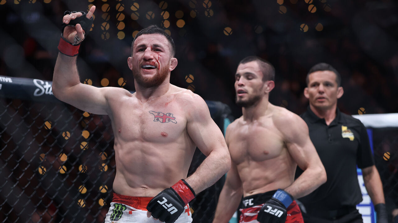 INGLEWOOD, CALIFORNIA - JANUARY 18: Merab Dvalishvili of Georgia reacts after the second round in a bantamweight title fight during UFC 311 at Intuit Dome on January 18, 2025 in Inglewood, California.