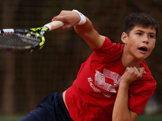 MURCIA, SPAIN - NOVEMBER 29: Jaime Alcaraz, (brother of Carlos Alcaraz of Spain) serves during a practice session at the M.E.T. Carlos Alcaraz Tennis Academy by Reina on November 29, 2023 in El Palmar, Murcia, Spain.