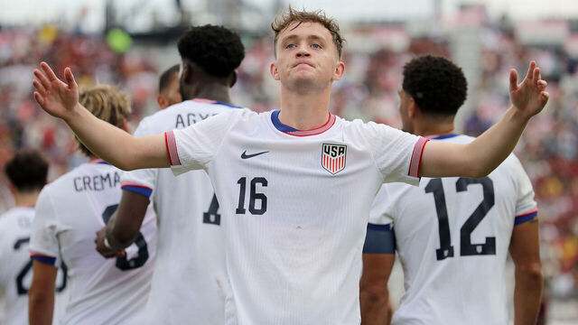 FORT LAUDERDALE, FLORIDA - JANUARY 18: Jack McGlynn #16 of United States celebrates after scoring the first goal of his team during an international friendly match between United States and Venezuela at Chase Stadium on January 18, 2025 in Fort Lauderdale, Florida.