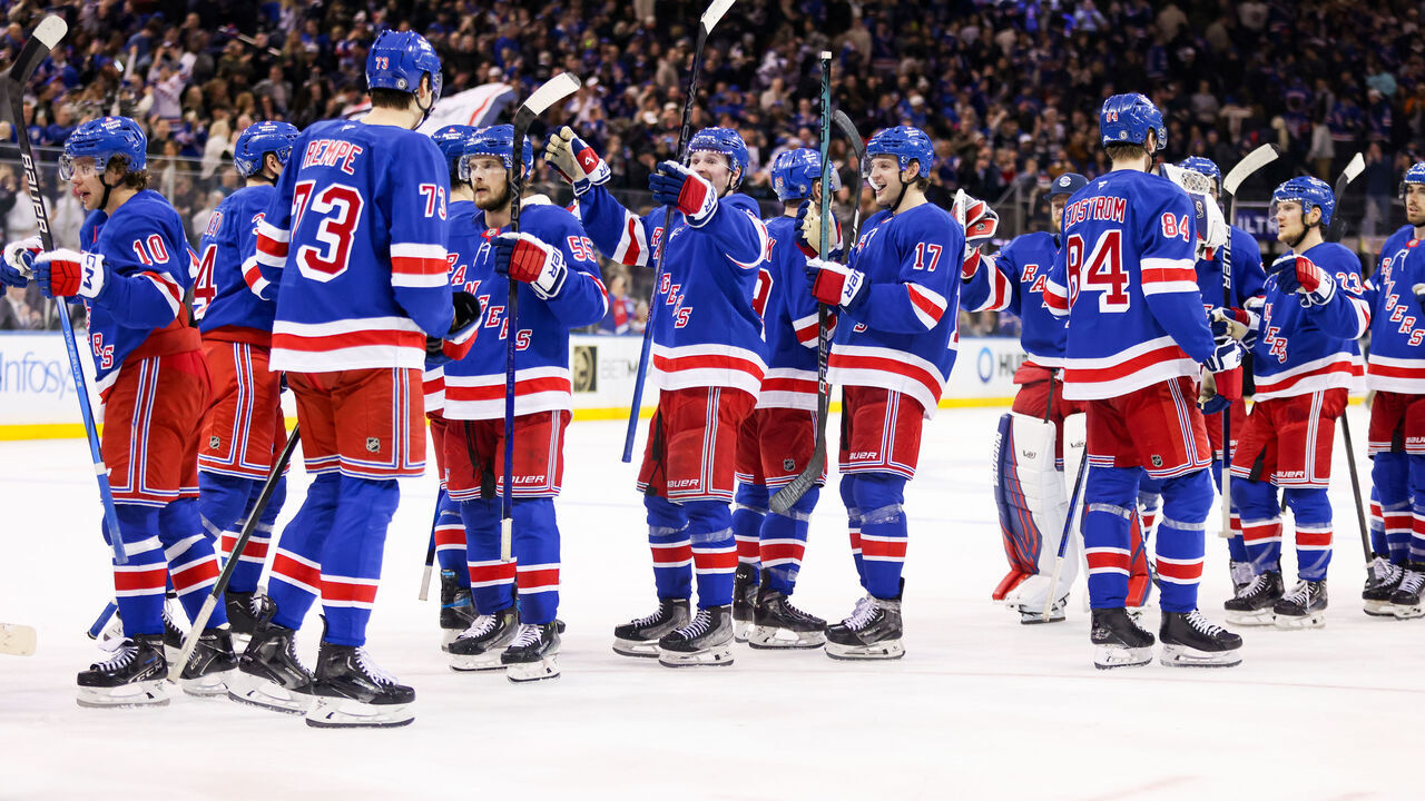 NEW YORK, NY - JANUARY 18: The New York Rangers celebrate their victory in the National Hockey League game between the Columbus Blue Jackets and the New York Rangers on January 18, 2025 at Madison Square Garden in New York, NY.