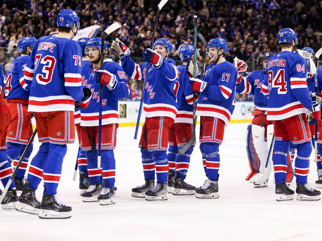NEW YORK, NY - JANUARY 18: The New York Rangers celebrate their victory in the National Hockey League game between the Columbus Blue Jackets and the New York Rangers on January 18, 2025 at Madison Square Garden in New York, NY.