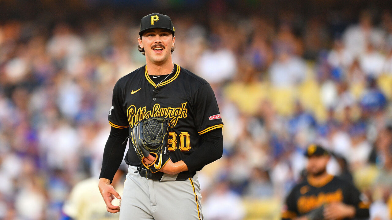 LOS ANGELES, CA - AUGUST 10: Pittsburgh Pirates pitcher Paul Skenes (30) looks on during the MLB game between the Pittsburgh Pirates and the Los Angeles Dodgers on August 10, 2024 at Dodger Stadium in Los Angeles, CA.