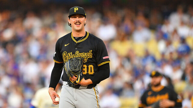 LOS ANGELES, CA - AUGUST 10: Pittsburgh Pirates pitcher Paul Skenes (30) looks on during the MLB game between the Pittsburgh Pirates and the Los Angeles Dodgers on August 10, 2024 at Dodger Stadium in Los Angeles, CA.